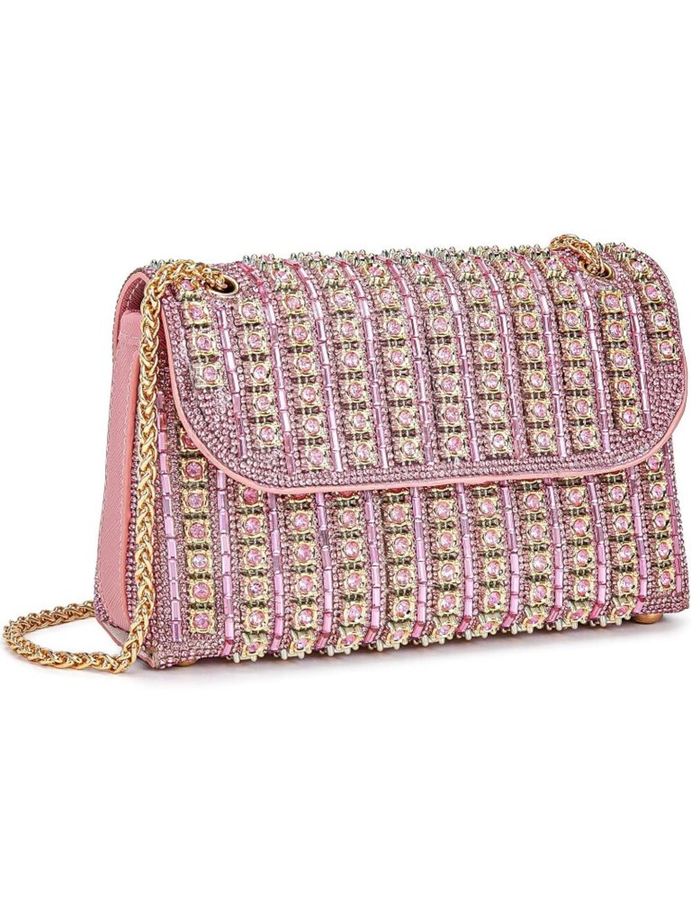 Women's Pink Rhinestone Evening Clutch Bag with Chain Strap Shoulder Purse